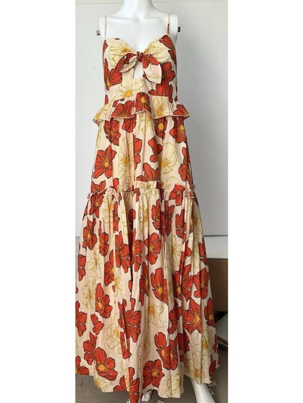 Opmina Maya Poppies Floral 100% Floral Cotton Tie Front Cutout Maxi Dress Size M - Picture 3 of 6